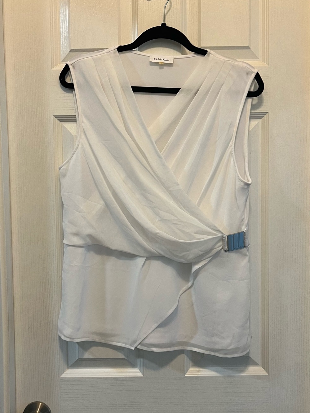 Calvin Klein White Sleeveless Draped Wrap Blouse with Side Buckle